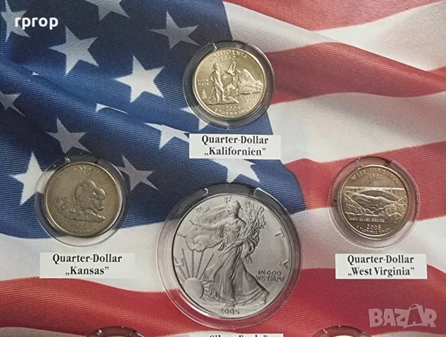 САЩ.¼ долар. Комплект. 2005година. 5 бройки куотъри 2005 год. UNC., снимка 2 - Нумизматика и бонистика - 49538781