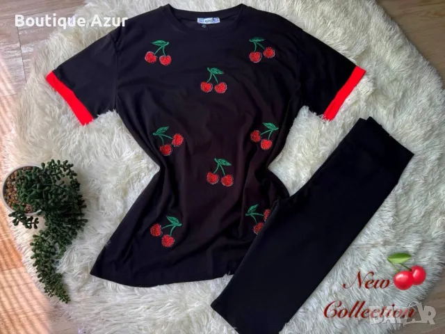 дамски комплект тениска и къс клин рипс с череши 