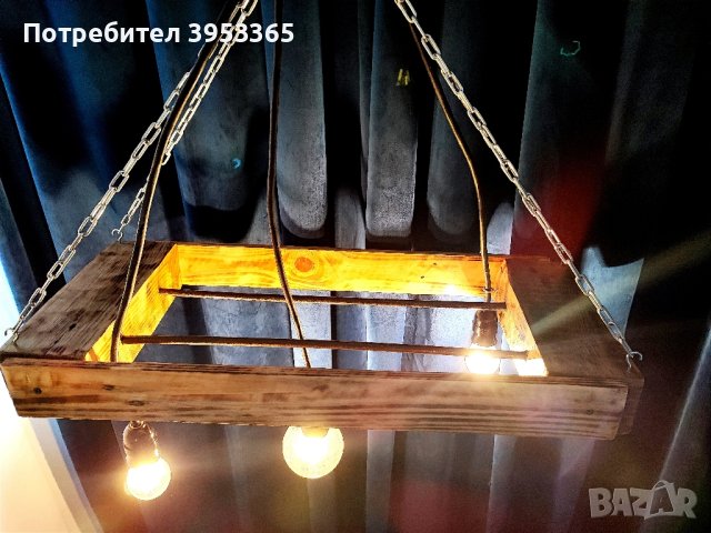 Дървен полилей с три крушки, снимка 4 - Лампи за таван - 43852673