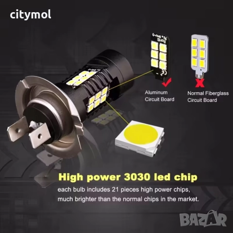 H7 LED лампи за фарове, 21 SMD3 030 LED чипа, 60W - комплект 2 бр., снимка 4 - Аксесоари и консумативи - 52493453