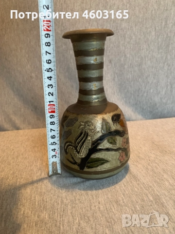 Декоративна месингова ваза с гравиране на птици и емайл, снимка 4 - Антикварни и старинни предмети - 52353324