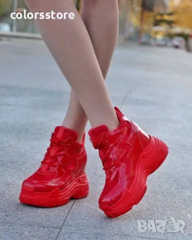 Кецове на платформа - червен лак и велур - PJN90