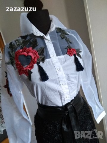 БЯЛА БЛУЗА С ПРОЗРАЧНИ РЪКАВИ от органза и апликация червени рози, снимка 5 - Рокли - 32589249