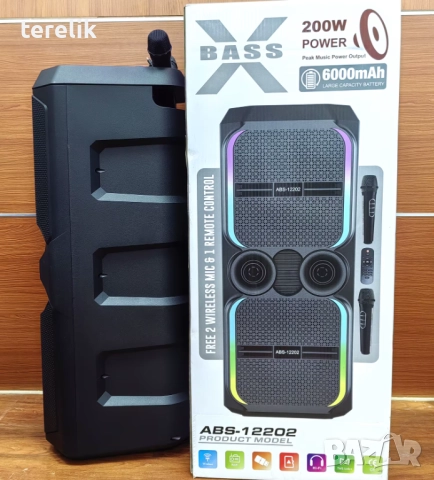 🔊 ABS-12202 – 12”×2 Xbass 200W 6000mah-50лв Професионална караоке тонколона, Bluetooth, 2 микрофонa, снимка 16 - Тонколони - 51831293