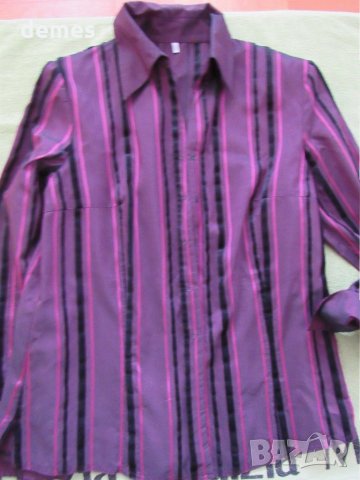  Дамска лилава блуза райе от тафта, размер 50, снимка 1 - Блузи с дълъг ръкав и пуловери - 27970774