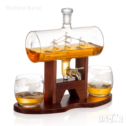 Комплект стъклена бутилка Буре 1000мл, 2бр чаши x 200мл, корпоративен подарък за мъже, диспенсър