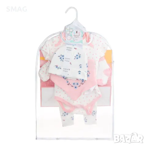 Бебешки подаръчен комплект за новородено памук бял розов на точки с цветя - 8 бр. S_1233383