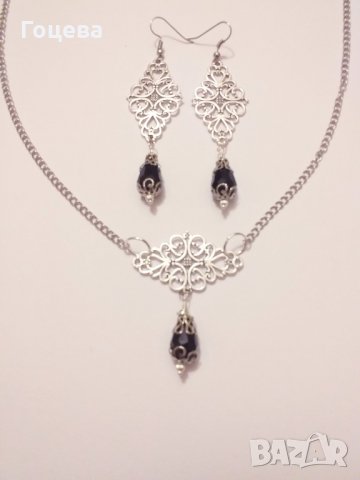 Разкошен Викториански комплект с Черни кристали и филигрирани орнаменти в цвят Сребро, снимка 3 - Бижутерийни комплекти - 28257261