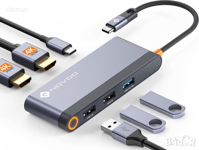 NOVOO USB-C към двоен HDMI 4K 30HZ, 100W PD, 4 USB порта