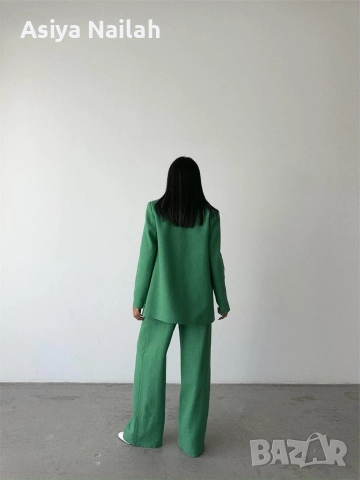 Дамски зелен костюм от 3 части – сако, елек и широк панталон, снимка 6 - Костюми - 52792782