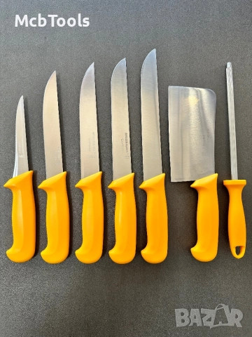 Комплект професионални немски месарски ножове 5 броя със сатър и масат