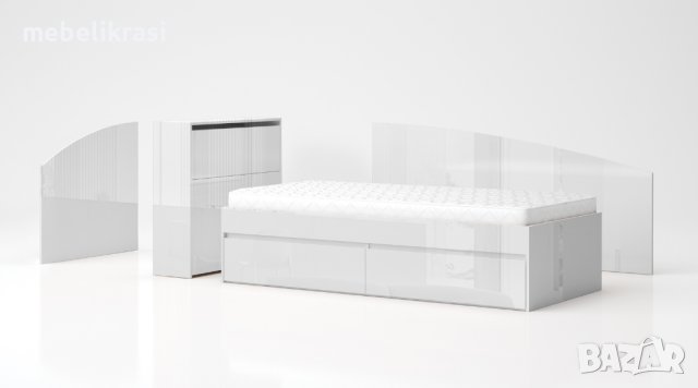 Легло Лео 90 с матрак 90/200 см., две чекмеджета, бял гланц,