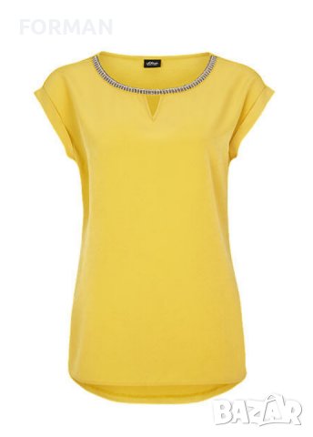Блуза в цвят ГОРЧИЦА с красиво деколте обшито с прозрачни синци, снимка 4 - Тениски - 37893050