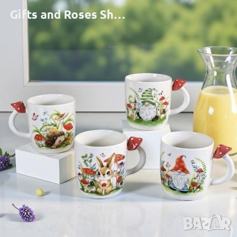 Сладурски порцеланови чаши с горски мотиви и дръжка гъбка