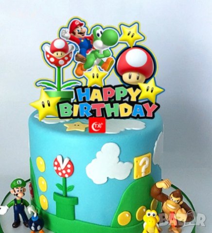 Супер Марио Super Mario цветен пластмасов топер украса табела за торта рожден ден, снимка 1 - Други - 33087941