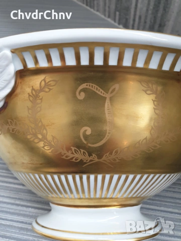 Dresden фруктиера 31см-2кг/Дрезден стара немска порцеланова купа с дръжки-лебеди, снимка 4 - Вази - 53506505