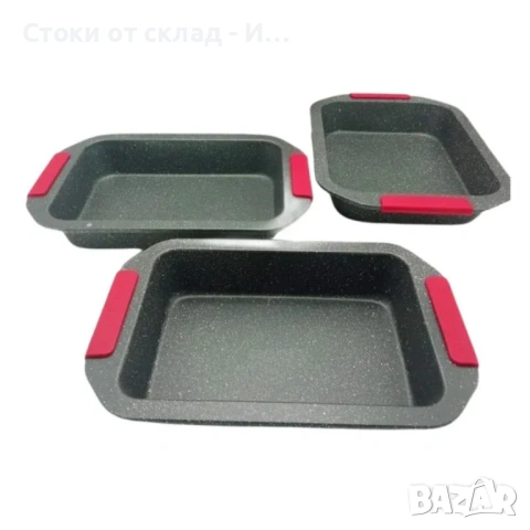 Комплект 3 тави за печене Cheffinger с мраморно покритие и силиконови дръжки – здрави, удобни и спес, снимка 5 - Съдове за готвене - 53172769