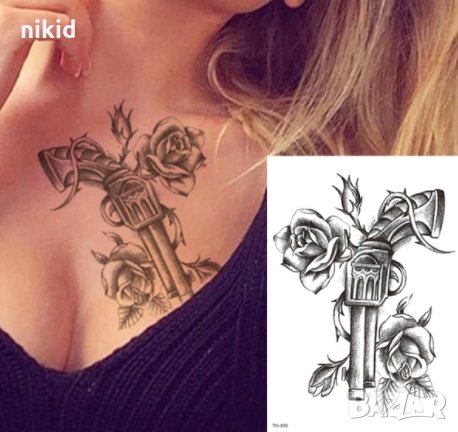 Пистолет с рози Временни татоси tattoo татуйровка временна татуировка татос татус Tattoo, снимка 2 - Други - 33512519
