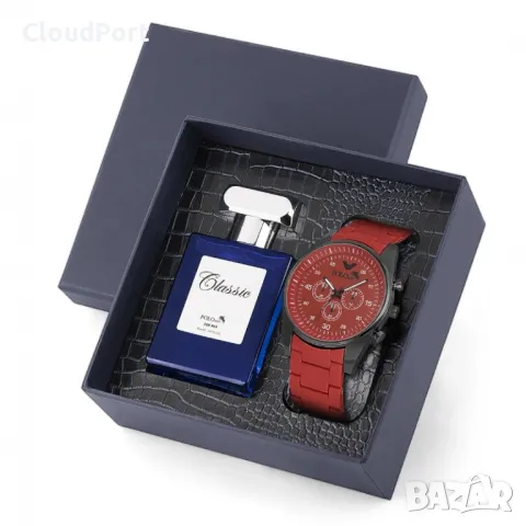 Мъжки комплект, Парфюм и часовник, Polo Air, червен, снимка 2 - Мъжки - 50393936