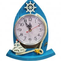 Часовник, Лодка, Настолен, Дървен, Син, 22х18 см, снимка 1 - Морски сувенири - 37953937