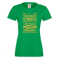 Дамска Тениска November 1962 60 YEARS BEING AWESOME Подарък,Ианенада,Празмик , снимка 1 - Тениски - 37085658