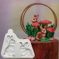 2 сладки зайчета заека заек зайче големи силиконов молд форма форнан шоколад гипс декор, снимка 1 - Форми - 39621804