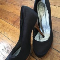 Сатенени черни официални обувки 38 с висок ток и платформа махагон, снимка 7 - Дамски обувки на ток - 27139376