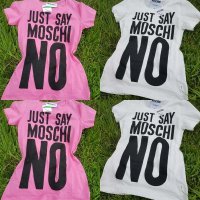 Дамска тениска Just Say Moschino Print във розов и мръсно бял цвят, снимка 1 - Тениски - 28868391