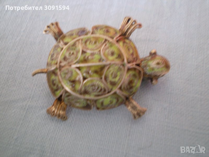  Антикварна брошка костенурка сребърна проба 800 И филигран , снимка 1