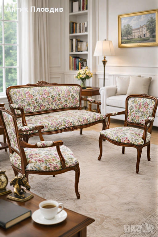 Антикварна гарнитура – диван с две кресла, жакард, снимка 1