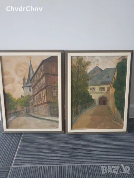 Чифт стари малки картини акварел върху картон/замъци/1912/картина в дървена рамка 41х31см, снимка 1