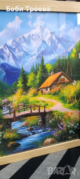 Платно без Рамка с Пасторален Пейзаж - Спокойна Селска Природа с Диви Цветя, Селски Къщи , снимка 1