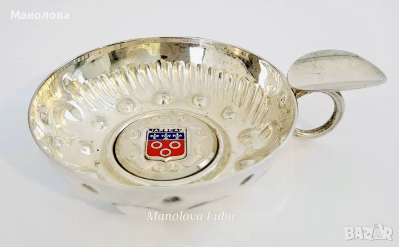 Френски посребрени чаши за дегустация на вино за сомелиери, Tastevin с герба на Jargeau, снимка 1