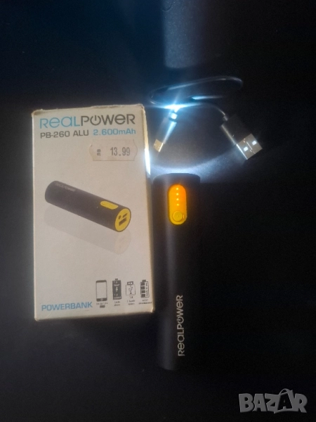 RealPower PB-260 ALU Power Bank (2600 mAh, Micro USB, с фенерче), снимка 1