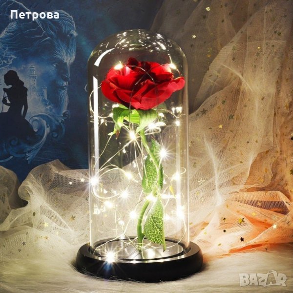 Вечна роза/Роза в стъкленица с LED светлини-20х11 см./изкуствена роза, снимка 1