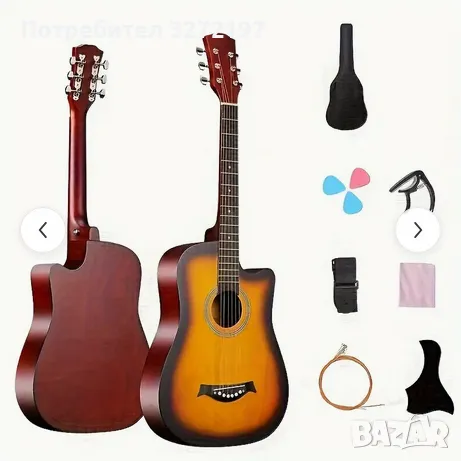Комплект акустична китара, панел от липа с матово покритие, 18 прага, ABS гайка, включва чанта и др., снимка 1