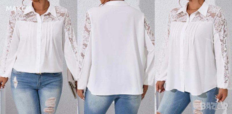 Красива елегантна риза с дантелени елементи в бяло, снимка 1