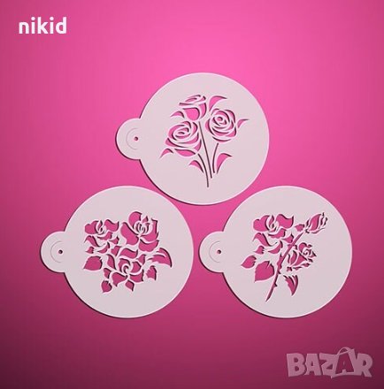 3 бр рози шаблон стенсил стенсили за торта украса бисквитки кекс декорация с пудра захар, снимка 1