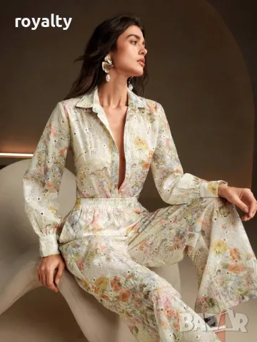 Елегантен комплект с флорални бродерии от тъкан плат 🍋🥥, снимка 7 - Комплекти - 49207328