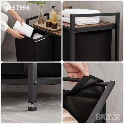 Декоративен кош за пране с дървен рафт, Метал, Черен , снимка 2 - Органайзери - 51998299