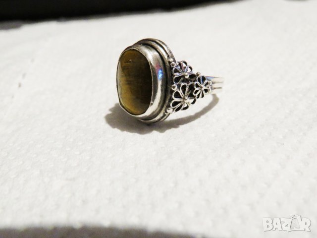 Стар пръстен  с флорални елементи - филигран и голям камък тигрово око - красота за ценител, снимка 4 - Пръстени - 33099097