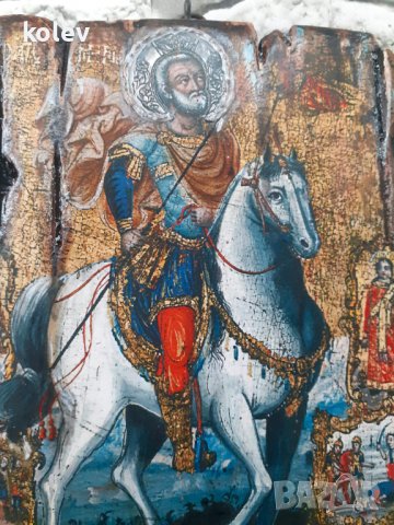 икона Свети Мина на кон със светци 21/15 см - УНИКАТ, декупаж, снимка 3 - Икони - 39019707