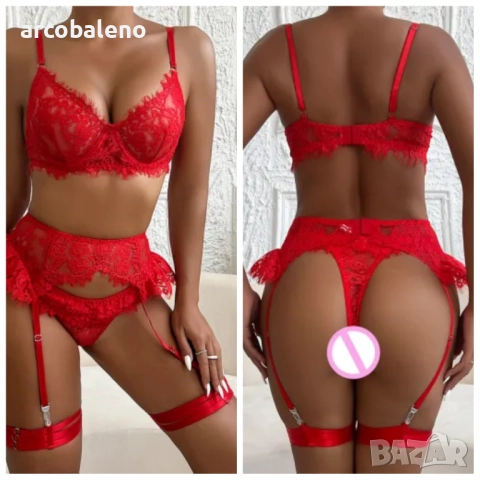 Дамски комплект бельо от четири части с дантелени тиранти, 3цвята , снимка 7 - Бельо - 41498826