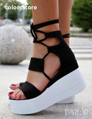 Сандали на платформа - черен велур с бяло ходило - 307, снимка 2 - Сандали - 43009696