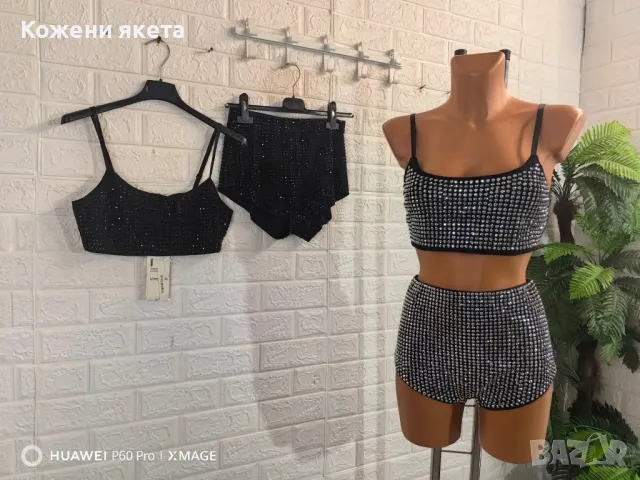 Комплект с камъни къси панталонки и топ