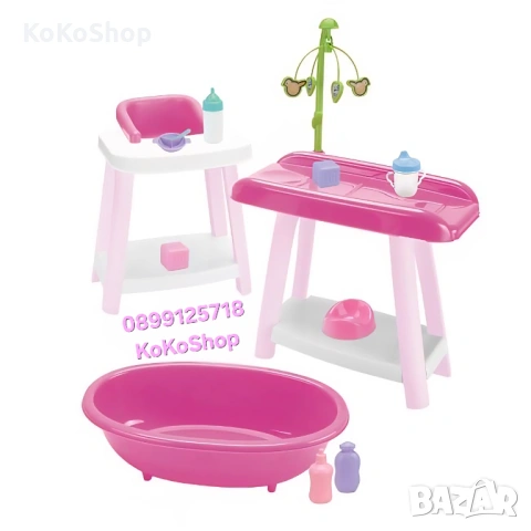 Комплект за кукла бебе-стол за хранене,маса за повиване,гърне и вана