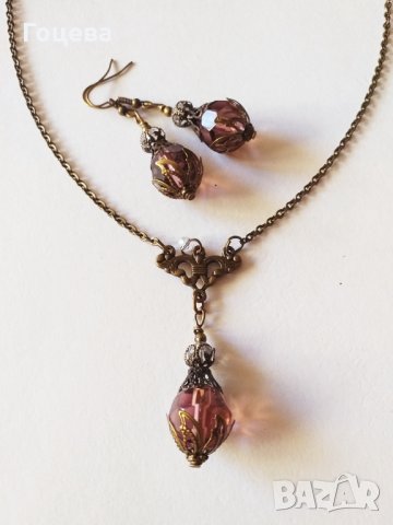 Разкошен комплект бижута с кристали цвят бургунди и великолепни орнаменти в бронзов цвят , снимка 3 - Бижутерийни комплекти - 33622946