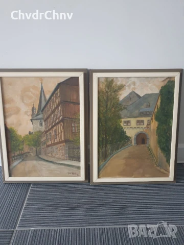 Чифт стари малки картини акварел върху картон/замъци/1912/картина в дървена рамка 41х31см