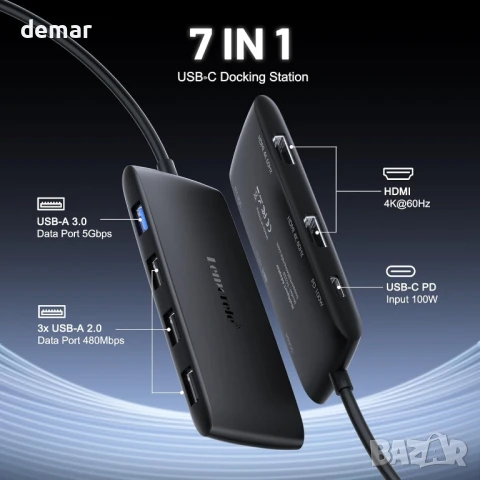 Докинг станция Lemorele за два монитора - 7-в-1 USB-C хъб с 2 HDMI 4K@60Hz, USB 3.0 и 3хUSB 2.0, снимка 2 - Кабели и адаптери - 50592316