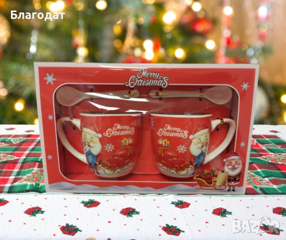 Комплект от 2 керамични чаши с лъжица, коледна тематика, опаковани в подходяща кутия, снимка 5 - Чаши - 52411154